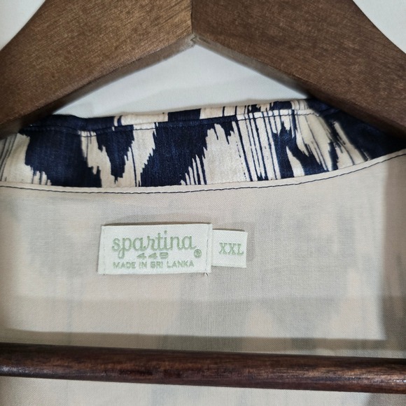 Spartina 449 Silk Maxi Dress Ikat Print Sleeveless V-Neck Beige Navy XXL - Picture 3 of 12